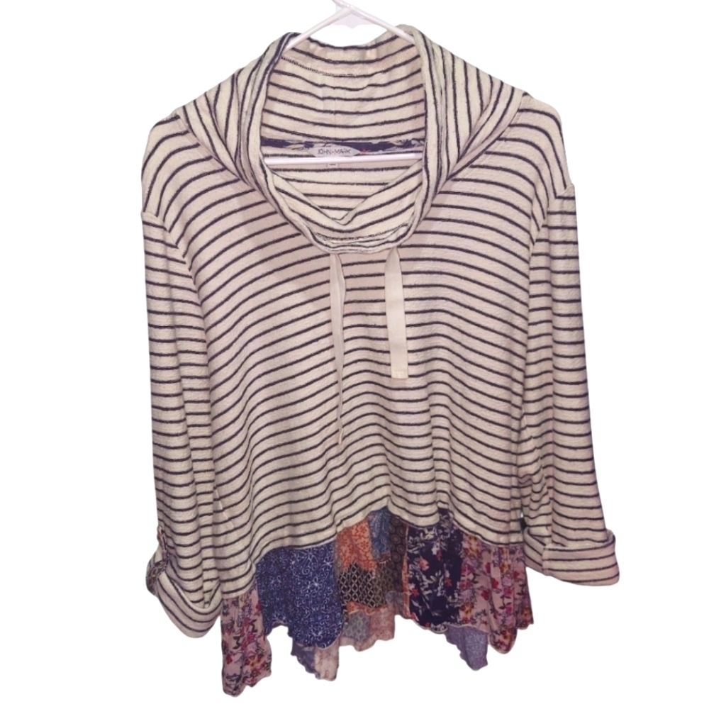 John Mark Striped Cowl Neck Tab Sleeve Cotton Rayon Pullover Size XL